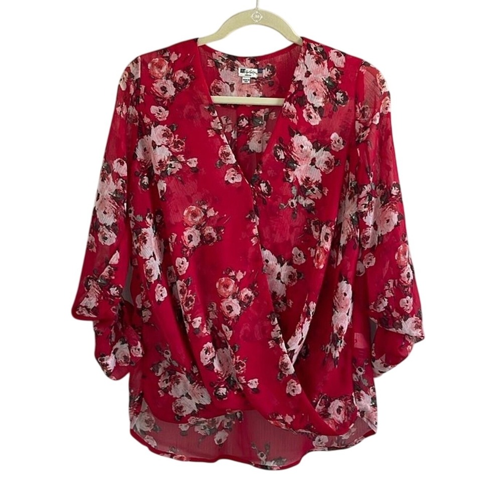 KUT from the Kloth Red Floral Wrap Blouse‎ Medium Roll Tab Sleeve Surplice Top